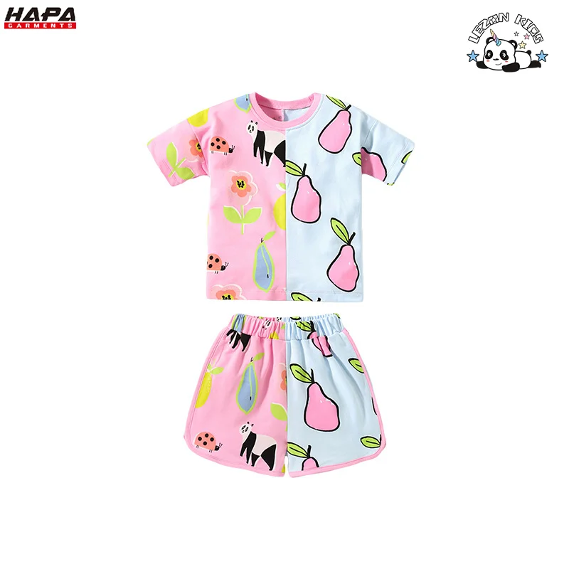 LEZONKIDS - 2024 Novo Conjunto de Roupas para Meninas Colorblock de Algodão Impresso Fashionável e Fofo